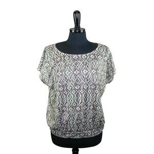 Chico's Blouson Blouse Top Short Sleeves Block Print Glitter Detail 2